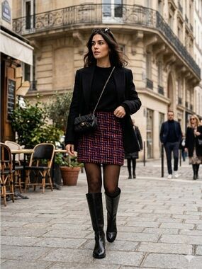Vintage 90s Ports International Black Multicolour Wool Tweed Mini Skirt - US 0